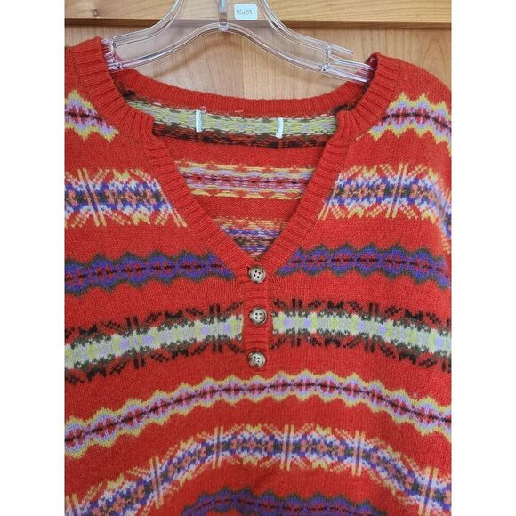 Jones Scandinavian Y2K Fair Isle Orange Sweater Lambs Wool Button V Neck MEDIUM - Picture 3 of 5